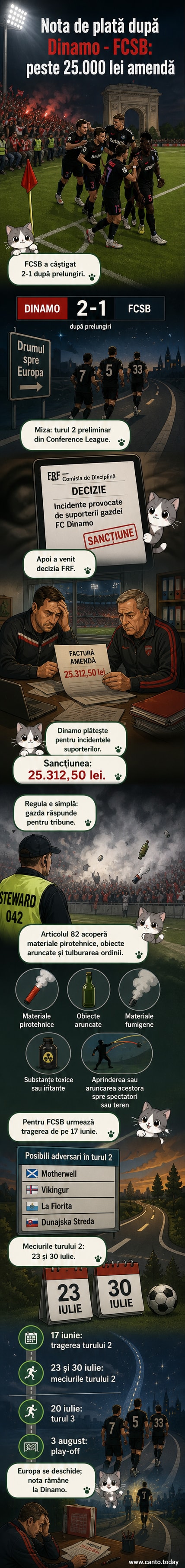 Ilustrație cu un stadion tensionat, jucători de fotbal în prelungiri și o notă de plată mare afișată pe teren, simbolizând amendă de 25.000 lei pentru Dinamo.