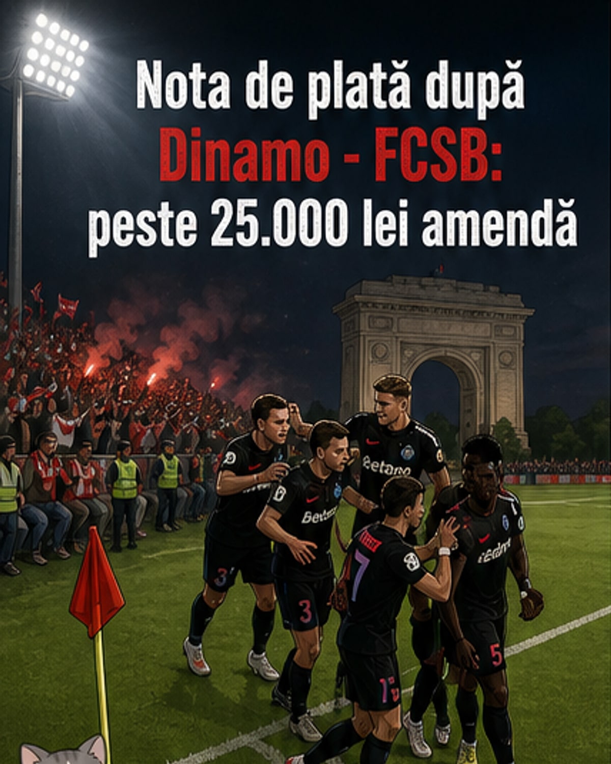 Ilustrație cu un stadion tensionat, jucători de fotbal în prelungiri și o notă de plată mare afișată pe teren, simbolizând amendă de 25.000 lei pentru Dinamo.