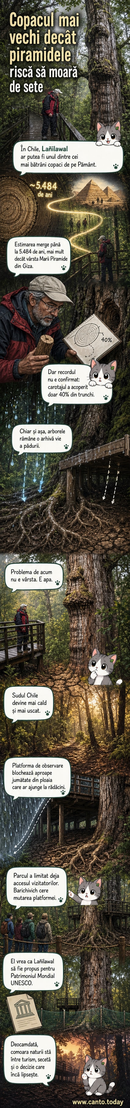 Un chiparos imens, cu trunchi gros și coajă rugoasă, se înalță într-un peisaj montan din Chile. Lângă el, o platformă de lemn pentru turiști stânjenește rădăcinile expuse.