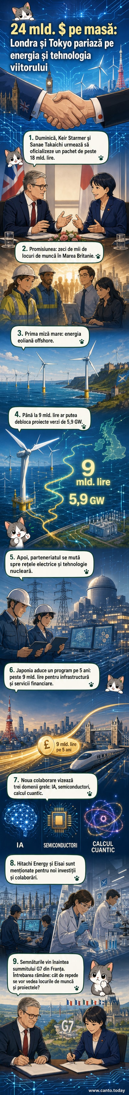 Ilustrație cu un pod digital dintre Londra și Tokyo, susținut de turbine eoliene, cipuri și conexiuni de rețea, simbolizând parteneriatul tehnologic și energetic dintre Marea Britanie și Japonia.