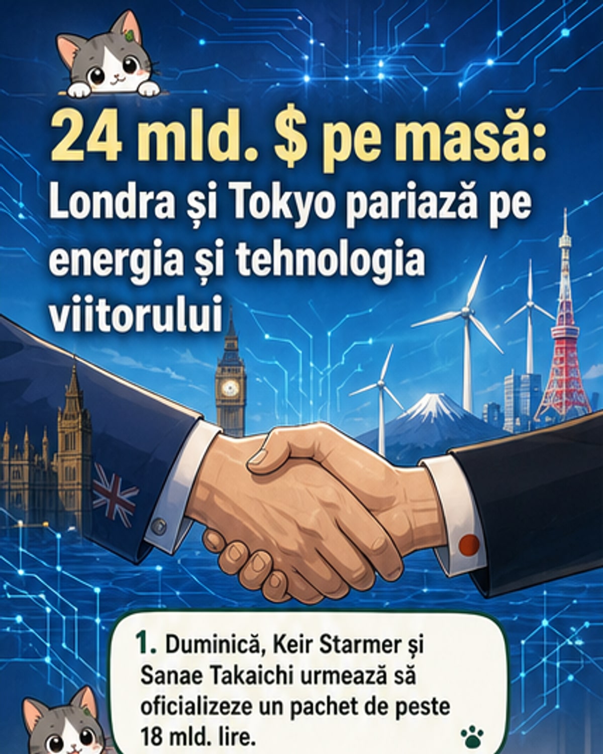 Ilustrație cu un pod digital dintre Londra și Tokyo, susținut de turbine eoliene, cipuri și conexiuni de rețea, simbolizând parteneriatul tehnologic și energetic dintre Marea Britanie și Japonia.