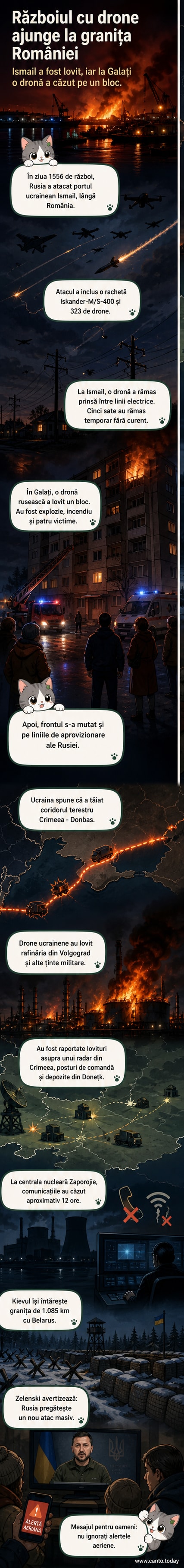 Ilustrație care arată o dronă prăbușindu-se pe un bloc de locuințe în Galați, cu flăcări la un etaj, în timp ce o hartă indică traiectoria dintre Ucraina și România.