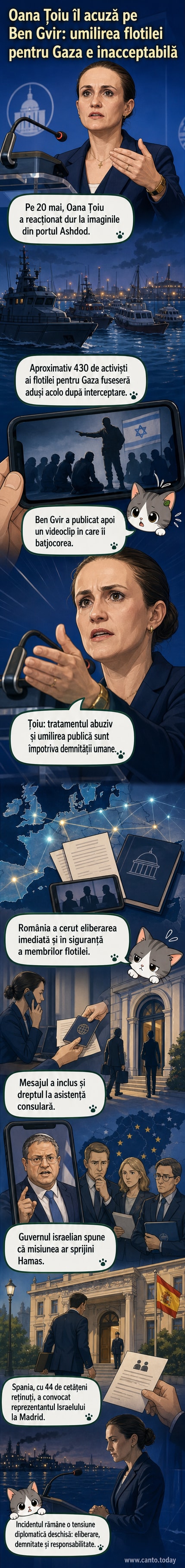 Ilustrație cu ministrul israelian în fața unui grup de activiști în genunchi, cu mâinile legate la spate, într-un port.