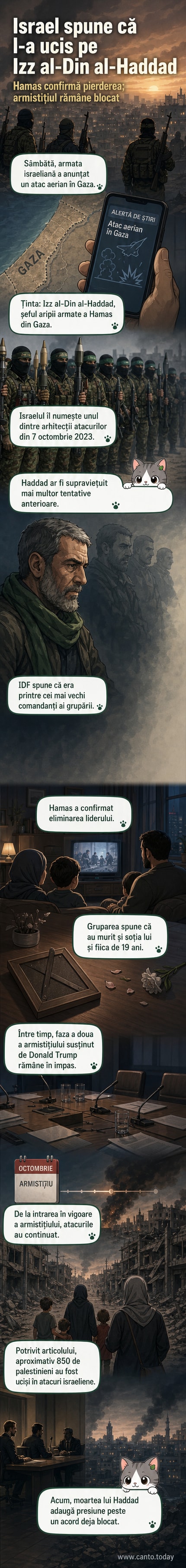 Ilustrație care reprezintă un atac aerian asupra Fâșiei Gaza, cu siluete de soldați și clădiri afectate, în contextul anunțului armatei israeliene despre uciderea unui lider militar al Hamas.