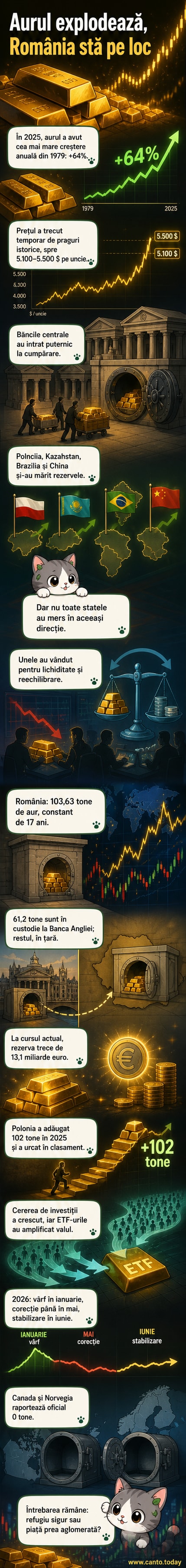 Ilustrație webtoon cu lingouri de aur, hărți ale lumii și grafice de preț, evidențiind poziția României în contextul achizițiilor globale ale băncilor centrale