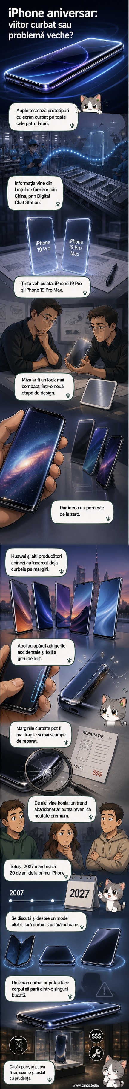 Ilustrație a unui iPhone cu ecran complet curbat, fără margini vizibile, într-un design futurist.