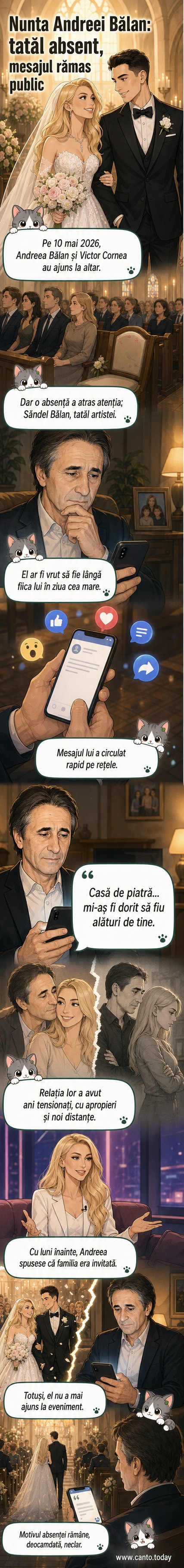 Ilustrație stilizată care redă momentul emoționant în care Săndel Bălan transmite un mesaj către fiica sa, Andreea Bălan, după ce nu a fost prezent la nuntă.