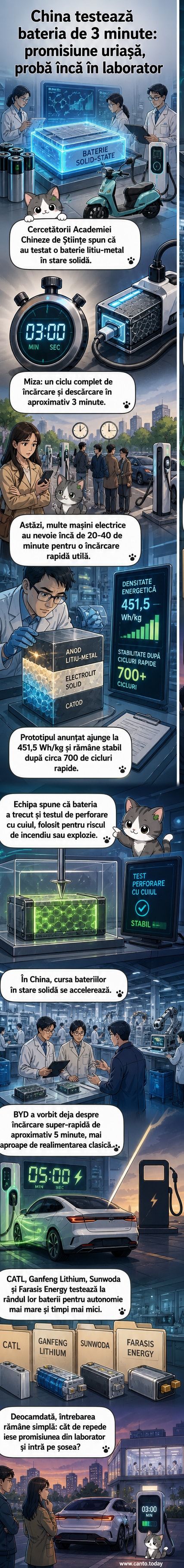 Ilustrație a unei baterii EV cu etichetă '3 minute încărcare', lângă o mașină electrică, într-un laborator high-tech.