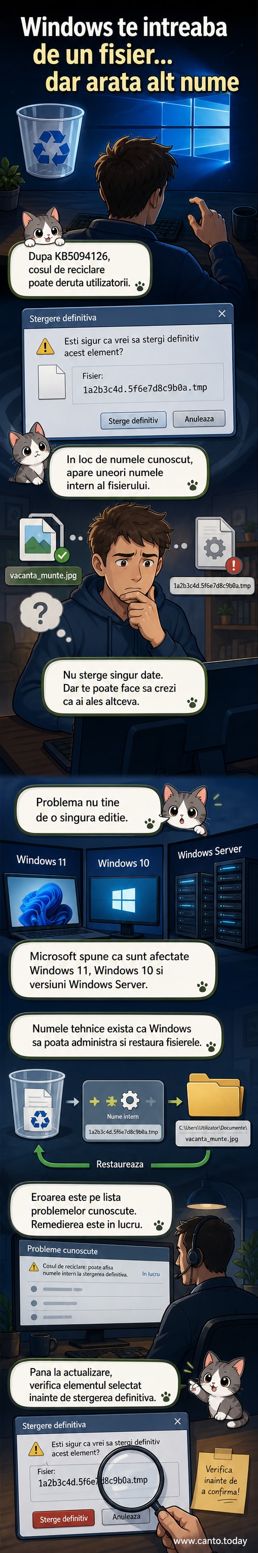 Ilustrație care arată un fișier șters din coșul de reciclare Windows, cu o fereastră de confirmare care afișează un nume intern criptic în locul numelui original.