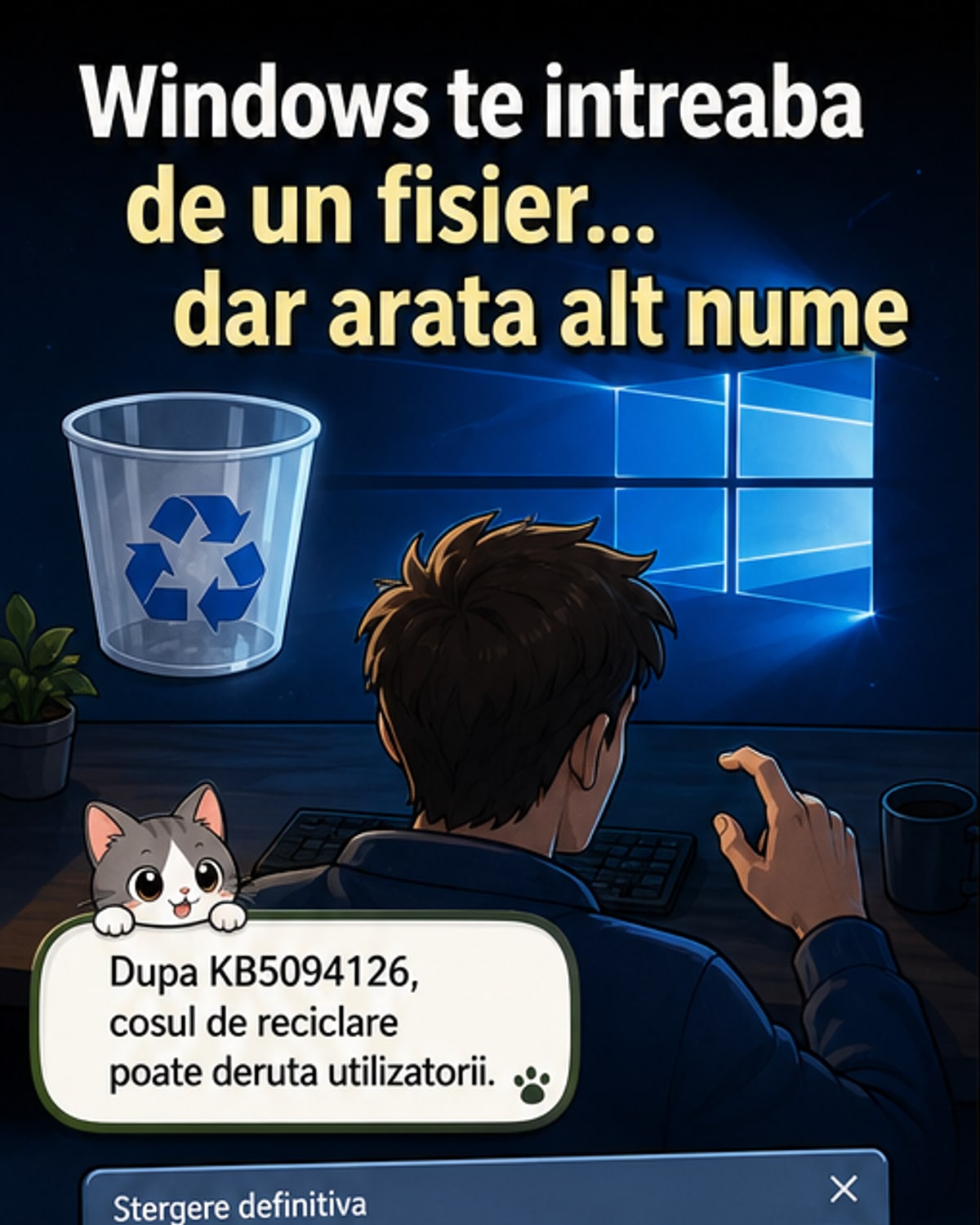 Ilustrație care arată un fișier șters din coșul de reciclare Windows, cu o fereastră de confirmare care afișează un nume intern criptic în locul numelui original.