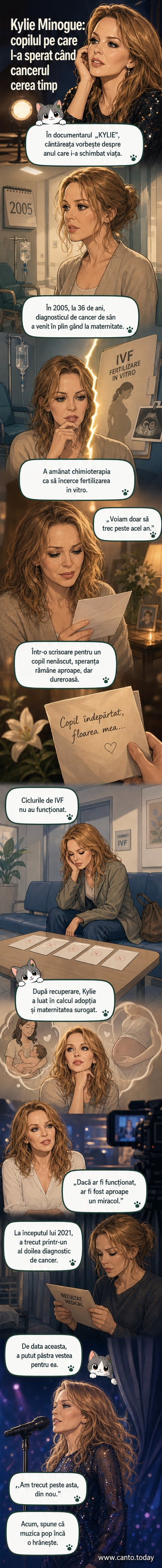 Ilustrație stilizată cu Kylie Minogue privind o scrisoare emoțională, înconjurată de simboluri ale luptei cu cancerul și speranței de maternitate.