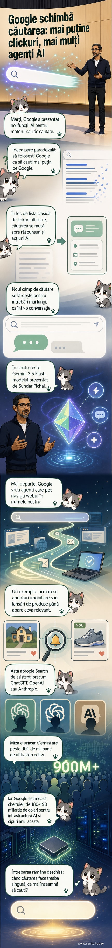 Ilustrație care arată bara de căutare Google transformată într-un asistent AI activ, cu interogări conversaționale și notificări automate.