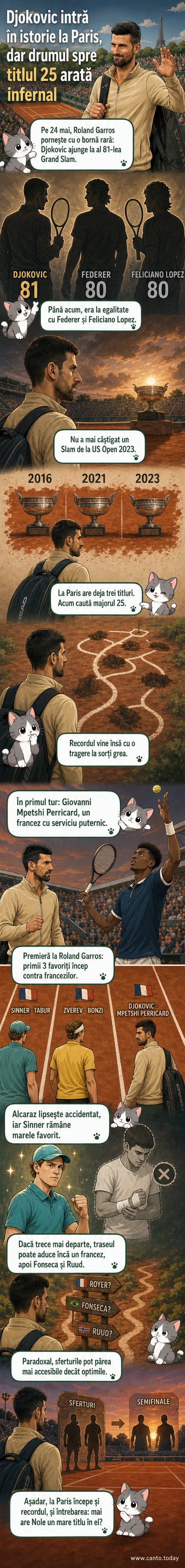 Ilustrație cu Novak Djokovic în echipament de tenis pe terenul de la Roland Garros, privind spre spectatorii din tribună, cu un banner de istorie și numărul 81 în fundal.