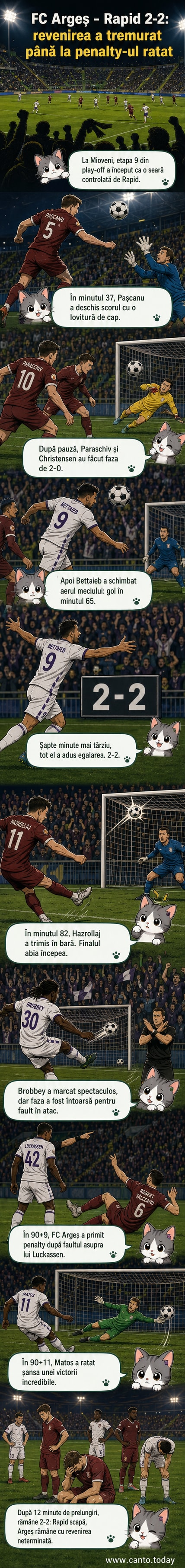 Stadionul din Mioveni plin, jucători de la FC Argeș și Rapid într-un moment tensionat; arbitrul arată fault în atac după un gol marcat.