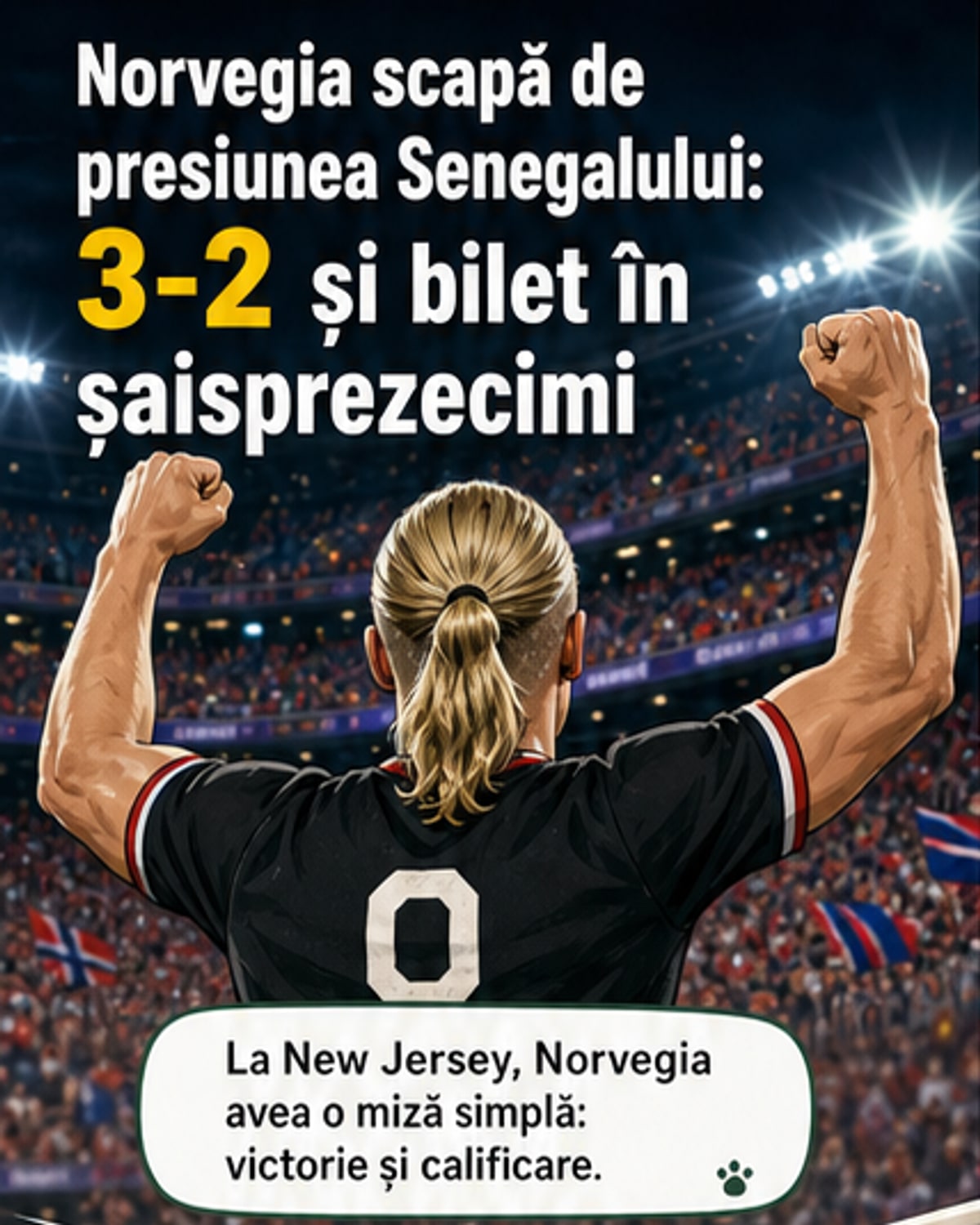 Haaland celebrând un gol în fața publicului, cu tricoul Norvegiei, într-un stadion din New Jersey