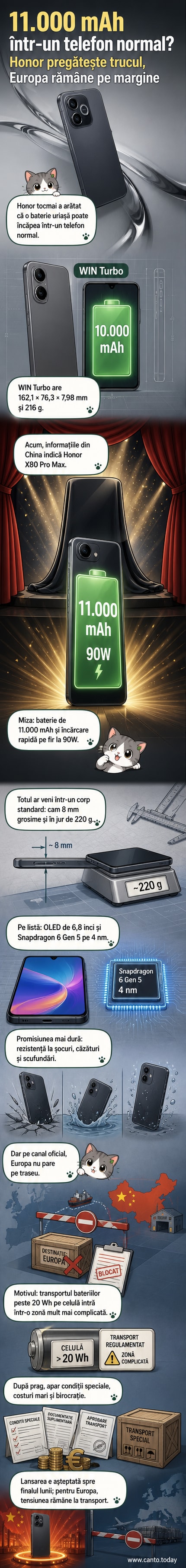 Ilustrare a unui smartphone subțire cu etichetă '11.000 mAh', alături de o comparație vizuală cu baterii mai mici.