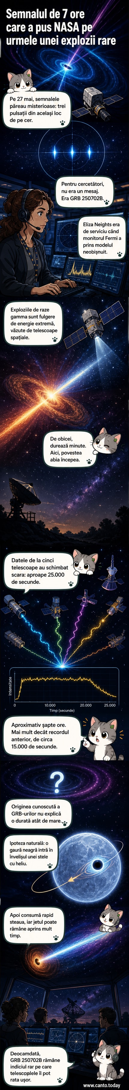 Ilustrare cosmică cu o gaură neagră absorbând materialul unei stele de heliu, înconjurată de jeturi luminoase de raze gamma care strălucesc în întunericul spațiului.