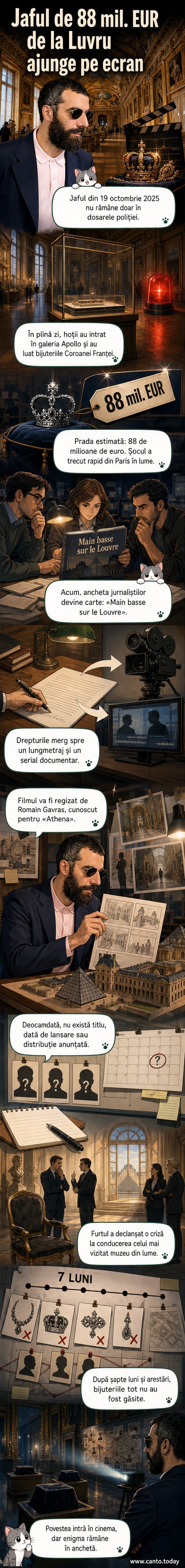 Un panou ilustrat care reprezintă un jaf la Muzeul Luvru, cu siluete de infractori în fața galeriei Apollo și bijuterii strălucind pe podea.