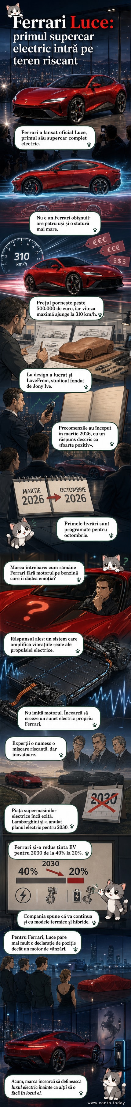 Ilustrație a noii supermașini electrice Ferrari Luce, cu design modern, patru uși și linii elegante, în fața unui atelier de design high-tech.