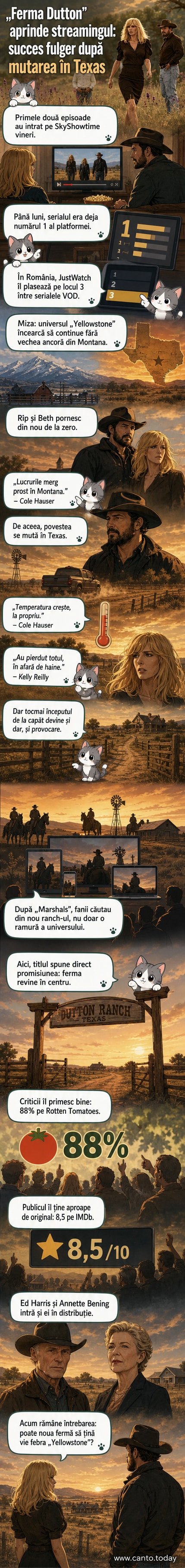 Cole Hauser și Kelly Reilly într-o scenă din „Ferma Dutton”, stând pe veranda unui ranch în Texas, cu munți în fundal și un cer încărcat.