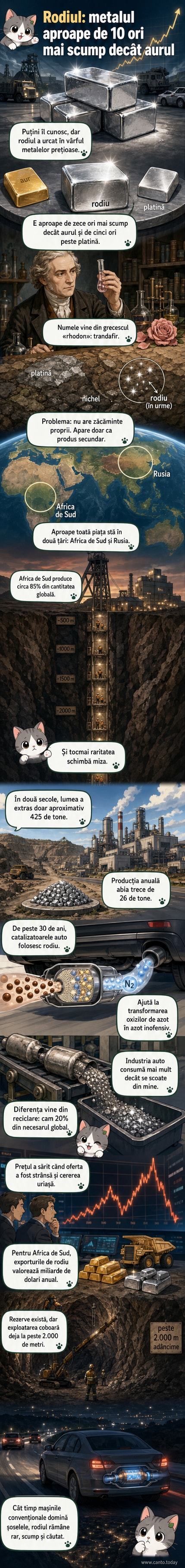 Ilustrație care prezintă rodiul, un metal argintiu, într-un catalizator auto, cu harta lumii evidențiind Africa de Sud și Rusia ca principali producători.
