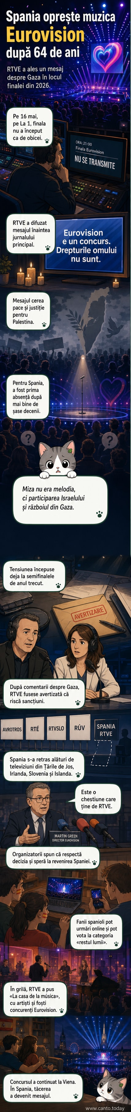 Ecranul televizorului RTVE afișează mesajul „Pace și justiție pentru Palestina” în timp ce lumina de pe scenă din fundal sugerează o emisiune în direct.