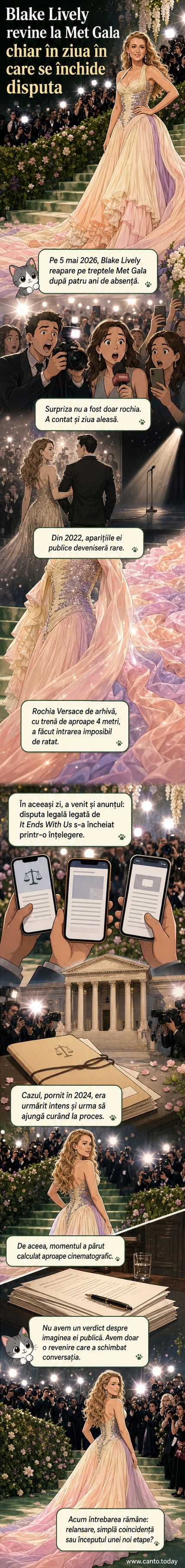 Blake Lively pe covorul roșu la Met Gala 2026, purtând o rochie Versace albă cu trenă lungă și bijuterii strălucitoare, zâmbind către camere.