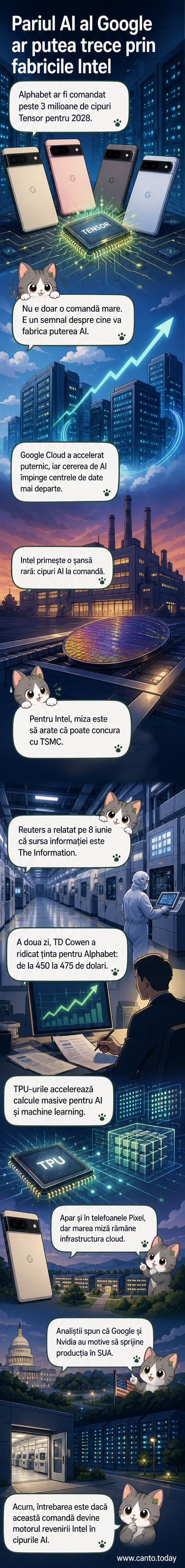 Ilustrație cu două centre de date conectate printr-un cip Tensor, cu logo-urile Google și Intel în fundal