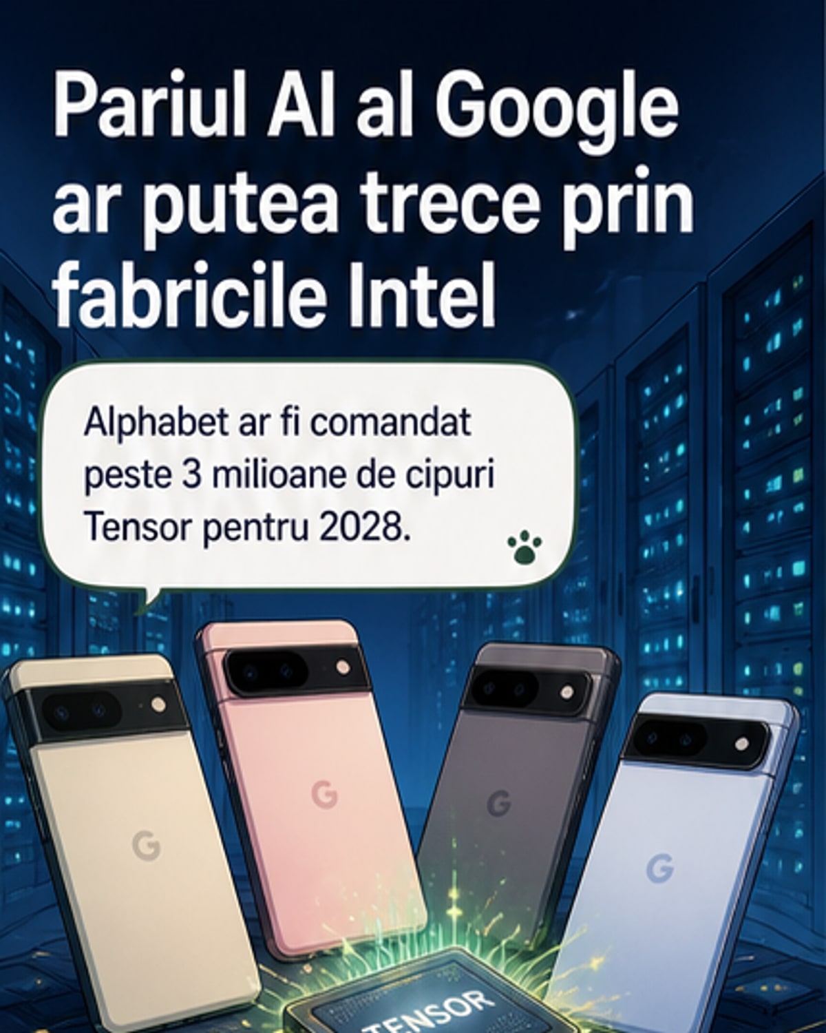 Ilustrație cu două centre de date conectate printr-un cip Tensor, cu logo-urile Google și Intel în fundal