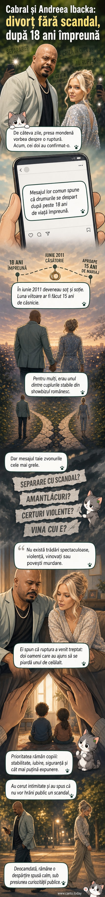 Portret comun al lui Cabral și Andreea Ibacka, cu textul: 'După 18 ani împreună, alegem drumuri separate'.