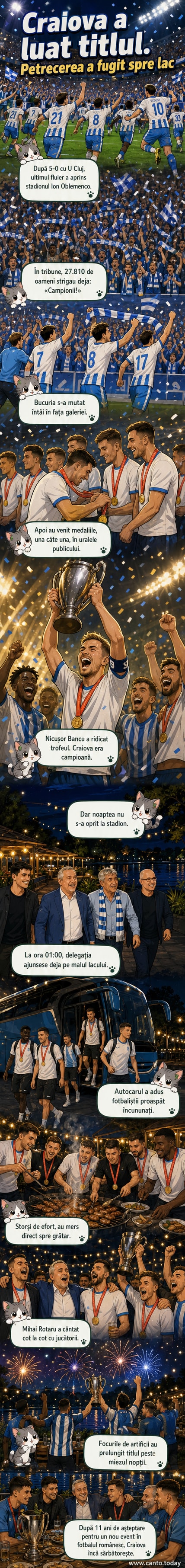 Jucătorii Craiovei sărbătoresc pe gazon cu trofeul în mână, înconjurat de suporteri entuziaști, noaptea fiind luminată de foc de artificii.