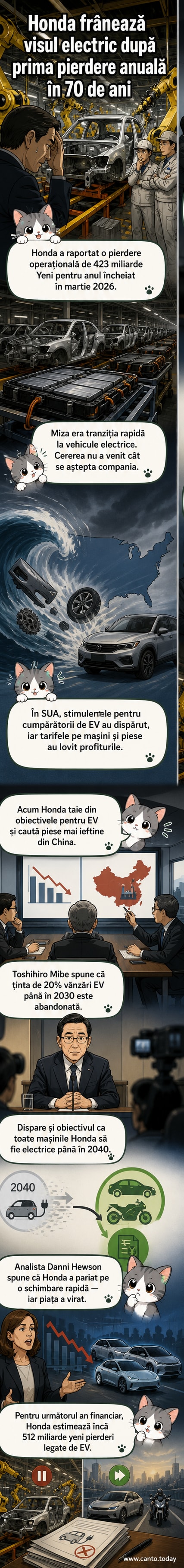 Ilustrație cu un șofer dezamăgit lângă o mașină electrică Honda, în fața unei fabrici închise, cu grafice în fundal care arată scăderea vânzărilor.