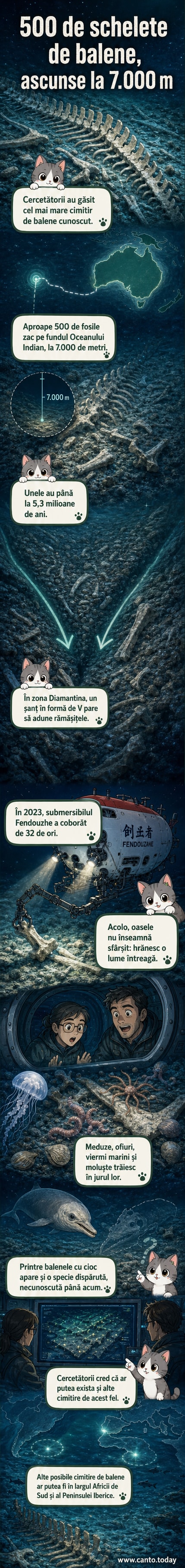 Ilustrare subacvatică cu schelete fosilizate de balene pe fundul oceanului, înconjurate de creaturi marine stranii, într-o zonă întunecoasă și profundă.