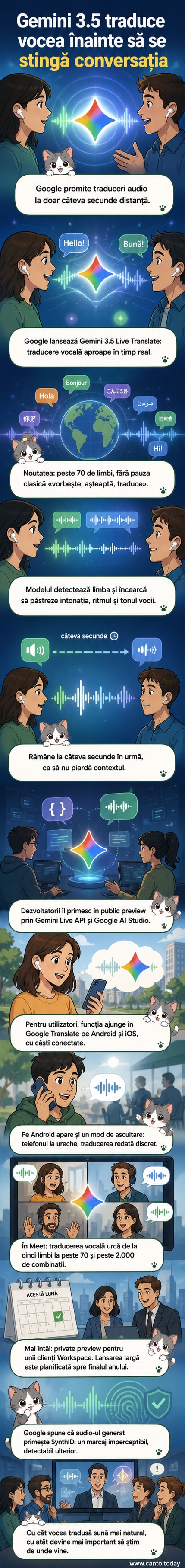 Ilustrație care arată două persoane vorbind în limbi diferite, cu un telefon care afișează traducerea vocală în timp real între ele