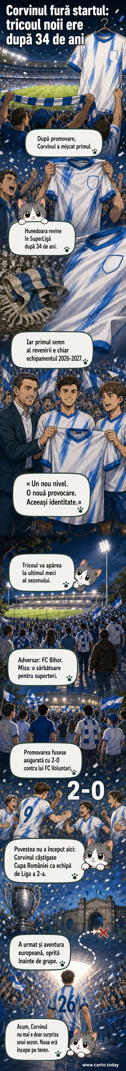 Imaginea prezintă noul echipament al Corvinului Hunedoara pentru sezonul 2026-2027, în alb și albastru, expus pe un fundal de stadion plin, cu suporteri entuziaști în fundal.