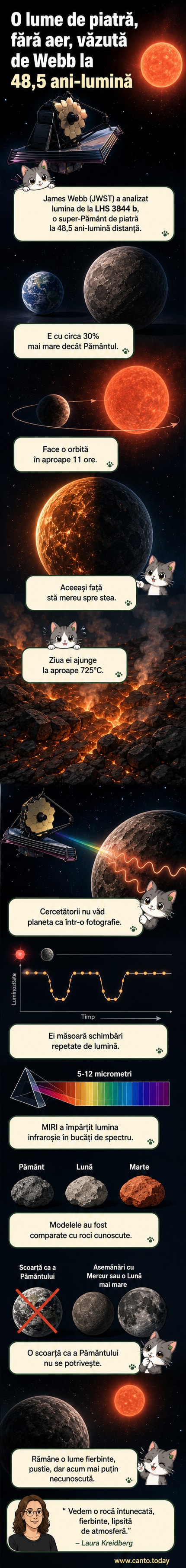 Ilustrare artistică a exoplanetei LHS 3844 b, o lume stâncoasă întunecată, cu o parte permanent luminată de steaua sa pitică roșie, observată din spațiu de telescopul James Webb.