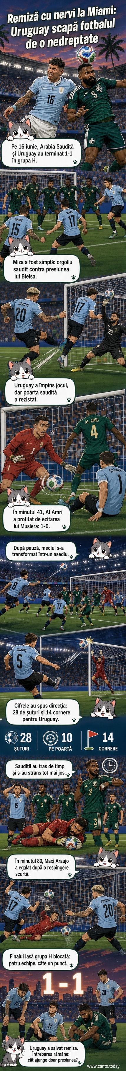 Ilustrație webtoon cu echipa Urugayului celebrând golul de egalizare împotriva Arabiei Saudită într-un stadion din Miami, cu Maxi Araujo în prim-plan și adversarii înghesuiți în careu.