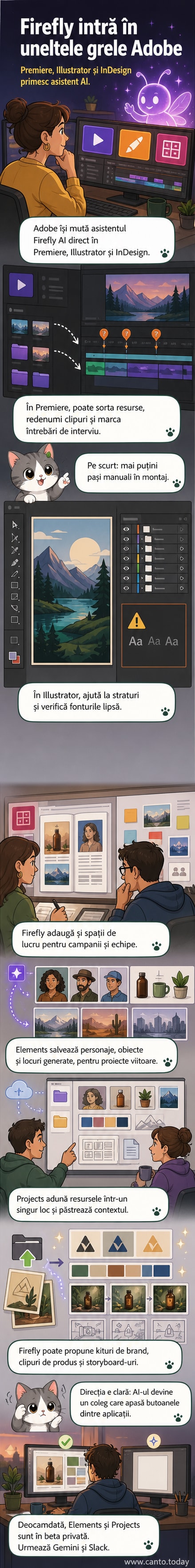 Ilustrație digitală care arată interfața unui software de design cu asistent AI activ, evidențiind funcții precum generarea de brand kit, storyboard și gestionarea automată a straturilor în Illustrator, Premiere și InDesign.