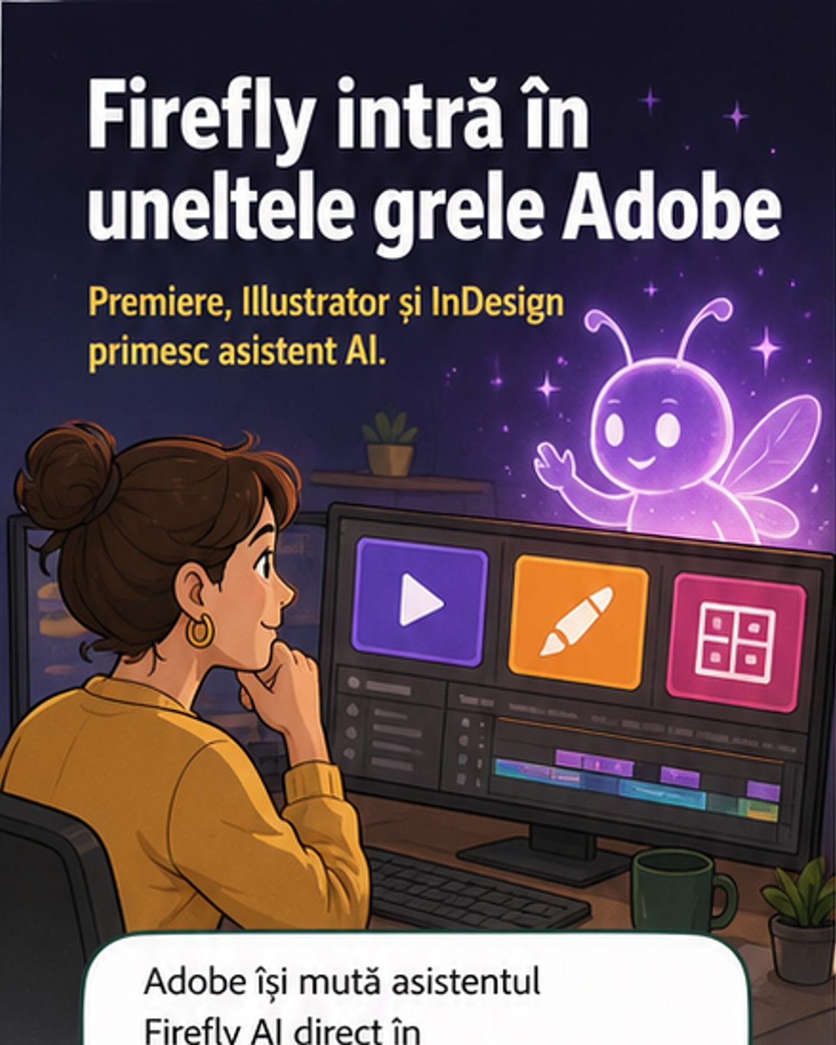 Ilustrație digitală care arată interfața unui software de design cu asistent AI activ, evidențiind funcții precum generarea de brand kit, storyboard și gestionarea automată a straturilor în Illustrator, Premiere și InDesign.
