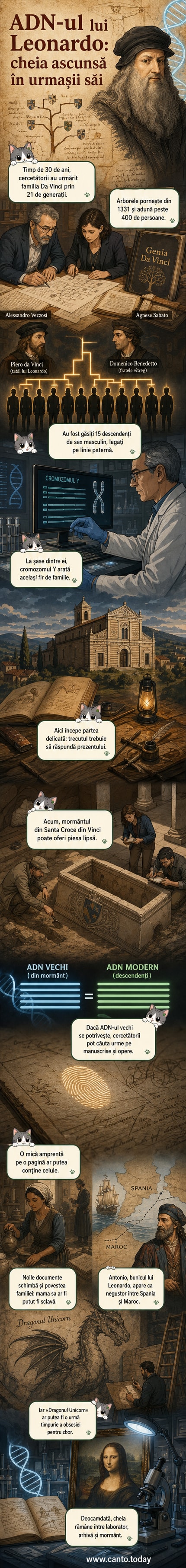 Ilustrație webtoon care arată un arbore genealogic extins al familiei da Vinci, cu siluete ale descendenților și o reprezentare stilizată a ADN-ului comparat între un descendent modern și rămășițe antice.