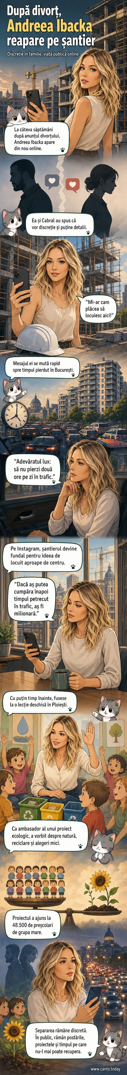 Andreea Ibacka pe un șantier de construcții și într-o grădiniță, promovând un stil de viață urban și educația ecologică.
