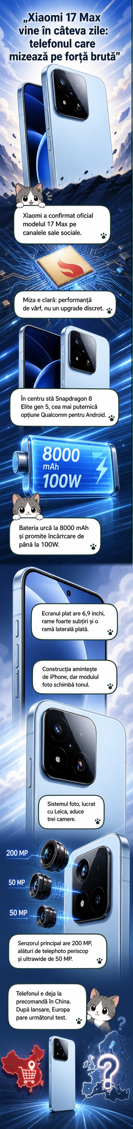 Ilustrație a noului Xiaomi 17 Max cu ecran plat, ramă laterală dreaptă și modul foto pătrat glossy, alături de specificații tehnice cheie: chipset Snapdragon, baterie de 8000 mAh, cameră 200 MP.