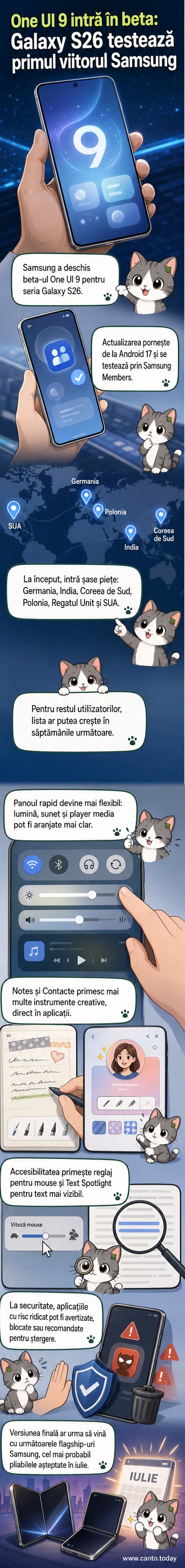 Ilustrație cu un telefon Galaxy care primește o actualizare software, cu panou de control personalizat și notificare de securitate.