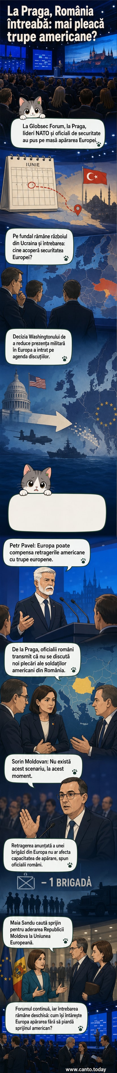 Ilustrație cu oficiali NATO în cadrul Forumului Globsec la Praga, cu hărți ale Europei și simboluri militare în fundal, subliniind discuțiile despre prezența trupelor americane în România.