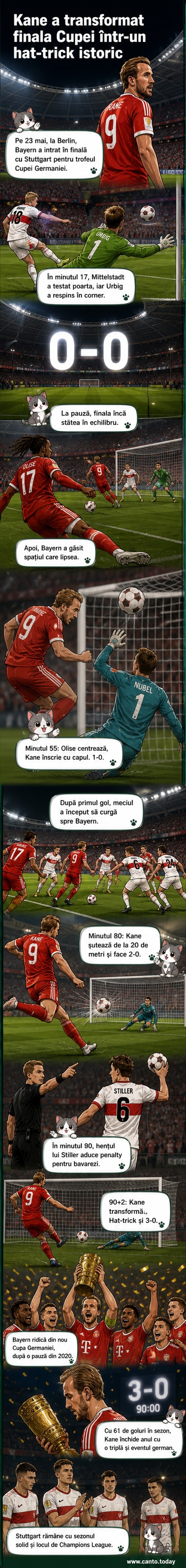 Harry Kane ridică brațele în aer după ce marchează al treilea gol în finala Cupei Germaniei, învingând Stuttgart 3-0.