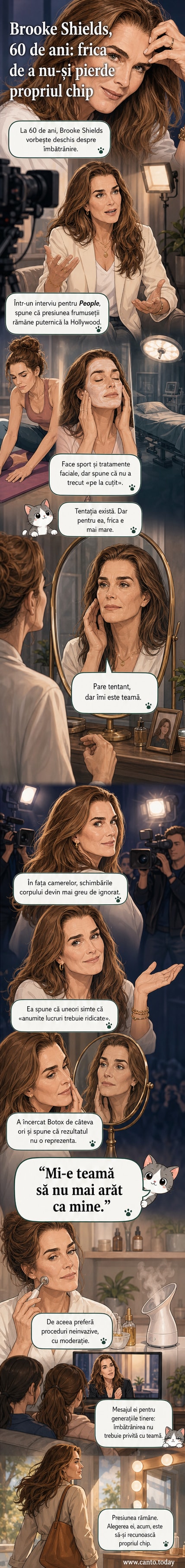 Portret artistic al lui Brooke Shields la 60 de ani, cu textura pielii naturală, într-un cadru elegant, sugerând autenticitate și încredere în sine.