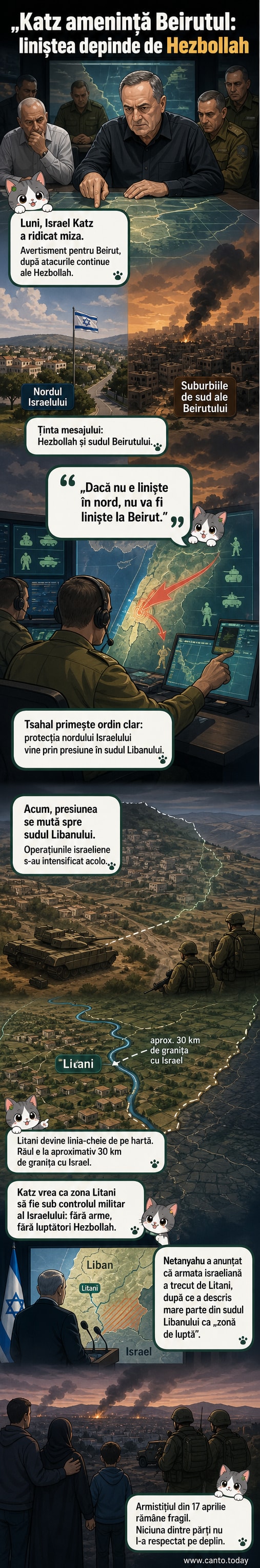 Ilustrație care reprezintă o hartă schematică a frontierii dintre Israel și Liban, cu zonele sudului Beirutului și râul Litani evidențiate, în contextul tensiunilor militare între Israel și Hezbollah.