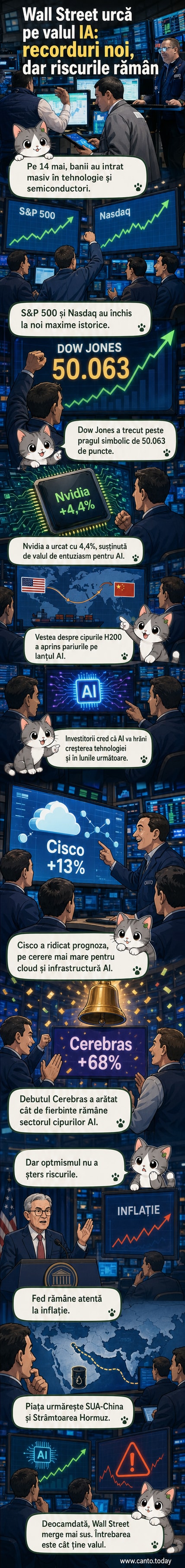 Diagramă bursieră cu linii în creștere, simboluri de cipuri și literele 'AI', ilustrând înflorirea acțiunilor de inteligență artificială pe Wall Street