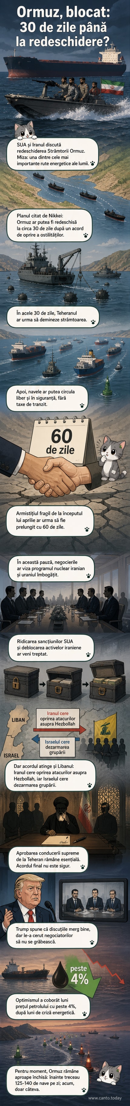 Ilustrație a Strâmtorii Ormuz cu nave militare și comerciale, în contextul negocierilor dintre SUA și Iran pentru redeschiderea rutei maritime