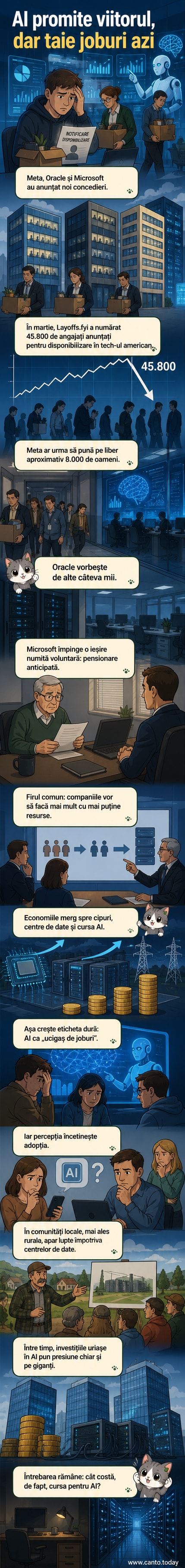 Ilustrație cu un robot într-o sală de birouri, înconjurat de angajați care pleacă cu cutii de carton, în timp ce pe un ecran din fundal apare logo-ul unui sistem de inteligență artificială.